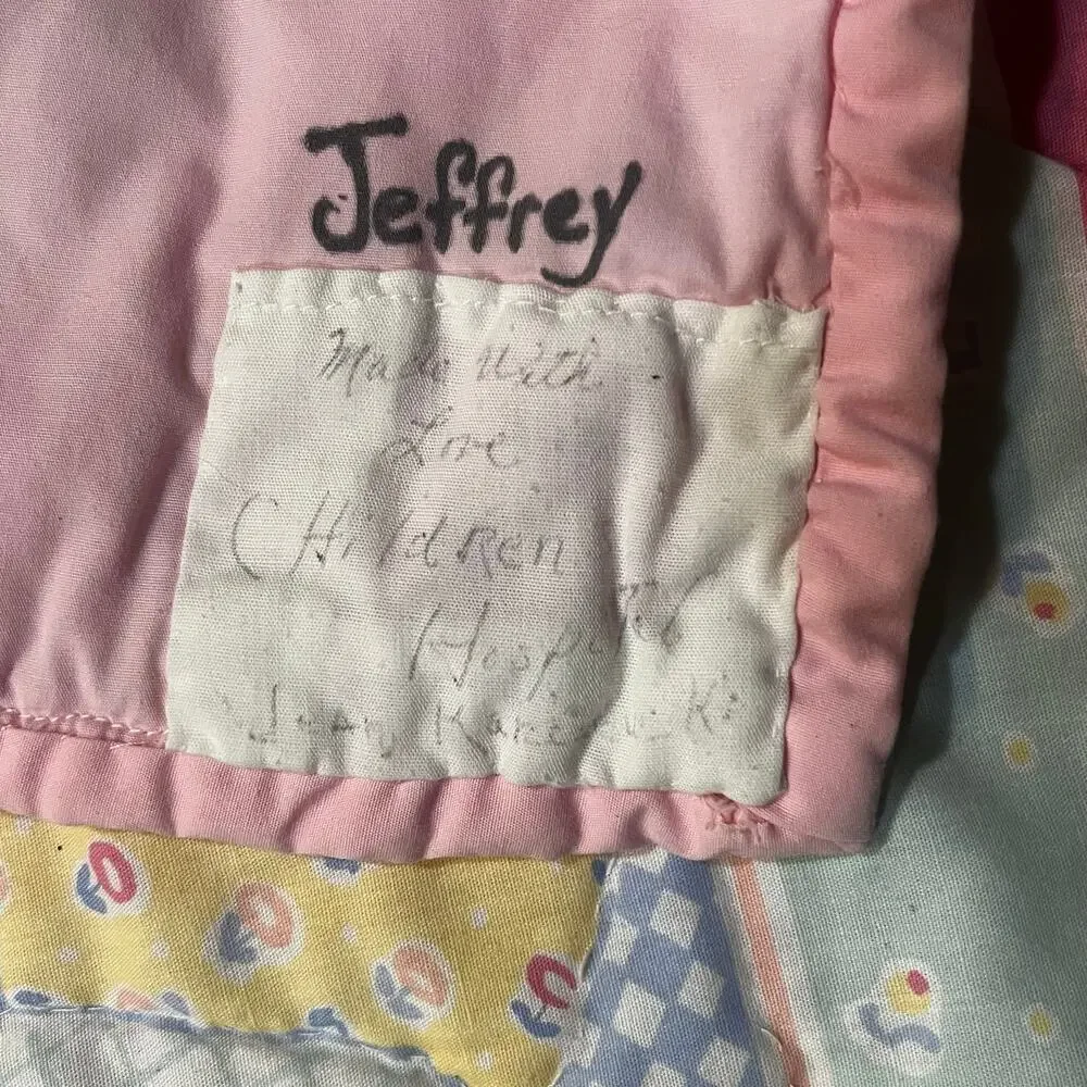 Vintage Quilted Embroidered Kitschy Baby Blanket 34 x 43 Pastels Bunny Cottage‎